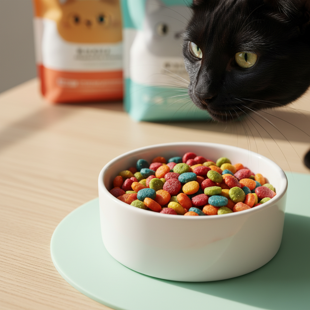 A close-up of a sleek black cat’s face, whiskers forward and nose inches away from a pristine white ceramic dish piled with a rainbow of high-quality kibbles in varied shapes—tiny fish, rounded nuggets, and cushiony squares. The dish rests on a pale mint silicone feeding mat with softly rounded edges atop a light wooden table. Bright, diffused daylight from the side creates a soft glow on the cat’s fur and subtle specular highlights on the glossy kibbles, with a whimsical bokeh of oversized cat-food bags in the background. Shot from a slightly elevated angle in photographic realism, the composition uses rule of thirds, conveying playful curiosity and a modern, energetic blog aesthetic.
