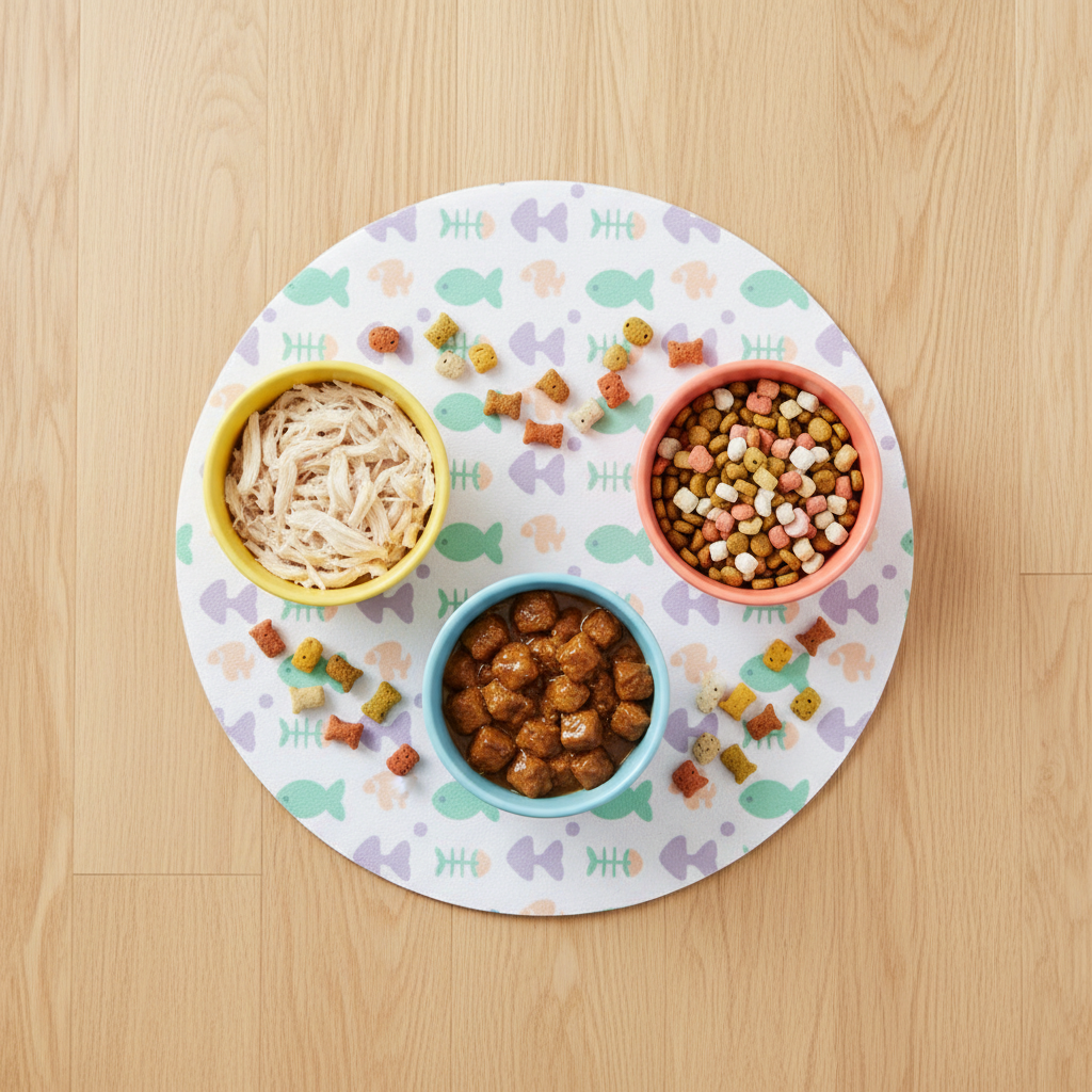 An overhead, bird’s-eye view of a brightly colored feeding station featuring three rounded ceramic bowls in sunny yellow, sky blue, and coral pink, each filled with a different texture of cat food: silky shredded chicken, chunky gravy-covered cubes, and dry kibble topped with crunchy freeze-dried bites. The bowls sit on a circular pastel placemat printed with simple fishbone and paw icons, placed on a light oak floor with a smooth, subtle grain. Soft studio lighting evenly illuminates the scene, creating gentle, rounded shadows and a clean, vibrant look. The composition is symmetrical yet playful, with small scattered treats forming a whimsical path around the bowls. Photographic realism with bold, saturated colors and an energetic, graphic feel perfect for a cat food comparison or guide article.