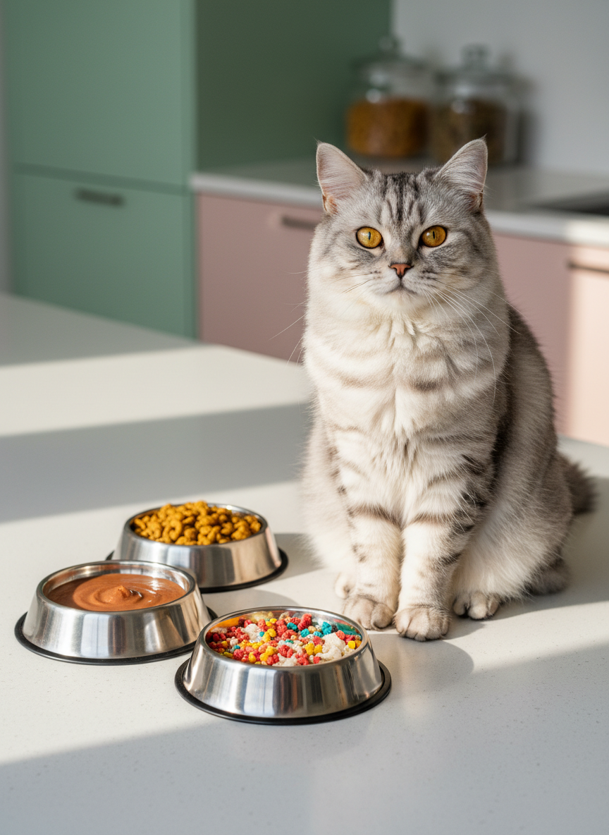 A fluffy silver tabby cat with bright amber eyes sits proudly beside a colorful array of neatly arranged cat food bowls on a smooth white kitchen counter. Each bowl holds a different type of food: glossy wet pâté, crunchy kibble, and a mixed topper of tiny freeze-dried morsels in bright, playful colors. Soft morning sunlight pours through an unseen window, casting gentle, rounded shadows and making the stainless-steel bowl rims sparkle. The background is softly blurred, hinting at pastel kitchen cabinets and rounded jars of treats. Photographic realism with vibrant, saturated tones, shot at eye level with a shallow depth of field, creating an energetic yet cozy mood that feels like the welcoming homepage of a cat food blog.