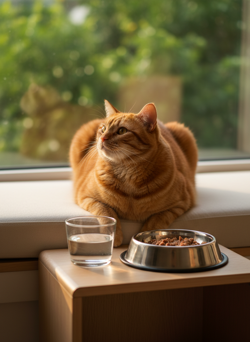 A chubby ginger cat with a plush, glossy coat lounges on a rounded-edge window seat beside a low, modern side table holding a single glass bowl of clear water and a sleek stainless-steel bowl of grain-free wet cat food, its surface glistening with natural juices. Outside the window, blurred greenery creates a soft, leafy bokeh. Warm golden hour light streams in, illuminating the cat’s fur and highlighting the texture of the food, while casting soft, curved shadows across the cushioned seat. Captured at a slightly low, three-quarter angle in photographic realism, the scene feels cozy, nurturing, and slightly whimsical, ideal for an article on hydration, balanced diets, or feeding routines for indoor cats.